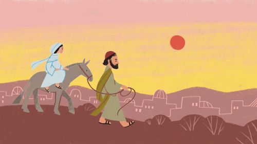 Joseph and Mary traveling to Bethlehem