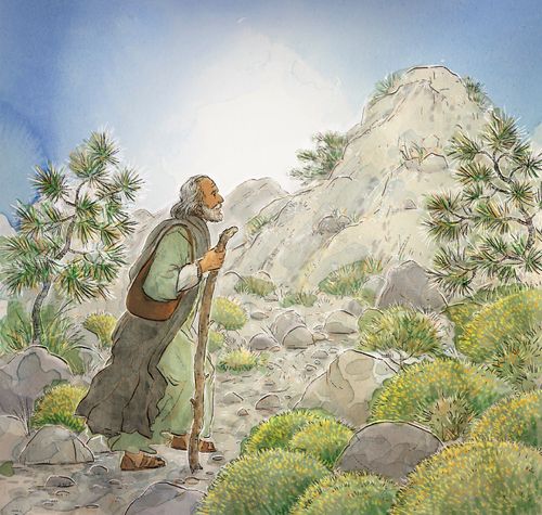 Elijah walking up a mountain
