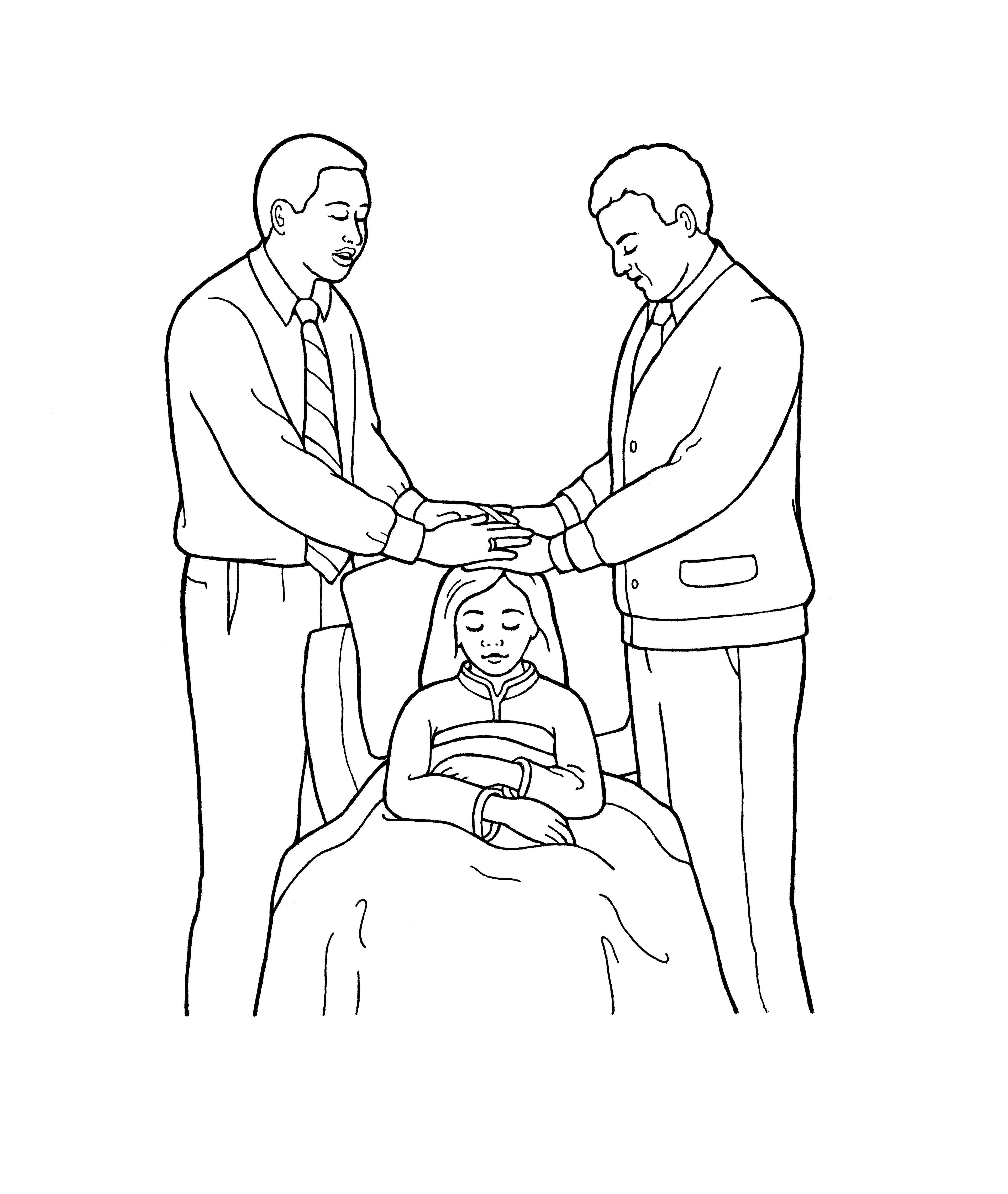 An illustration of the seventh article of faith—“Gifts” (two men giving a blessing to a sick girl).