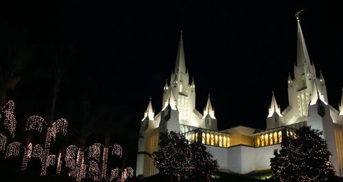 The entire San Diego California Temple lit up at night, with the trees on the temple grounds covered in Christmas lights.