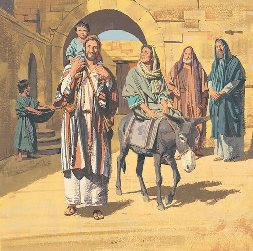 Joseph, Mary, and Jesus traveling