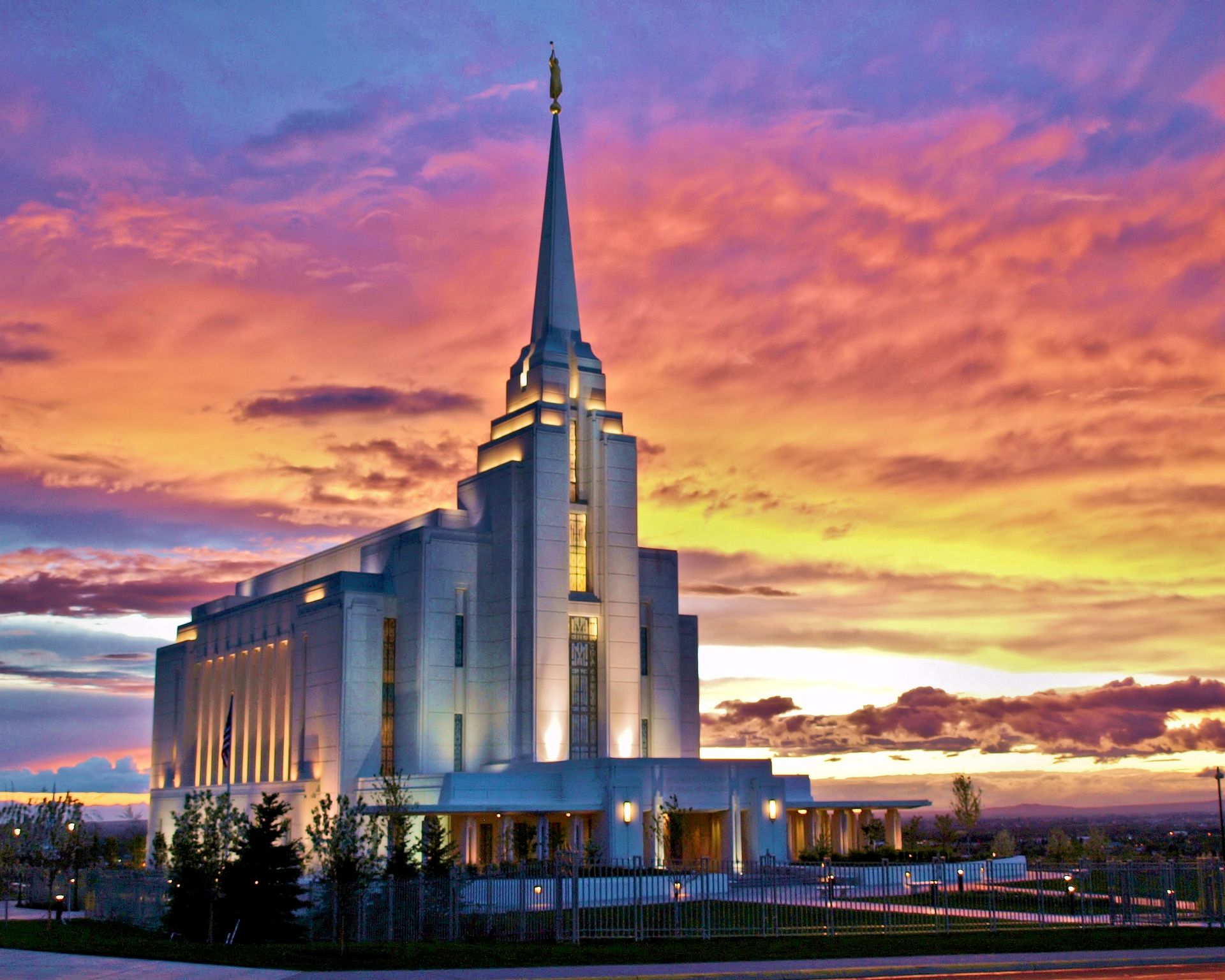 The Rexburg Idaho Temple at sunset, including the entrance and scenery.