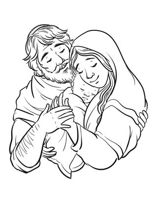 Mary and Joseph hold baby Jesus