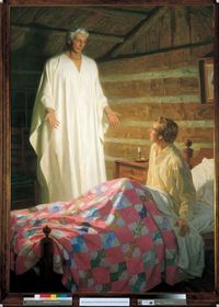 The Prophet Joseph Smith sitting on his bed in the Smith farm house. Joseph has a patchwork quilt over his knees. He is looking up at the angel Moroni who has appeared before him. Moroni is depicted wearing a white robe. The painting depicts the event wherein the angel Moroni appeared to the Prophet Joseph Smith three times in the Prophet's bedroom during the night of September 21, 1823 to inform him of the existence and location of the gold plates, and to instruct him as to his responsibility concerning the plates.