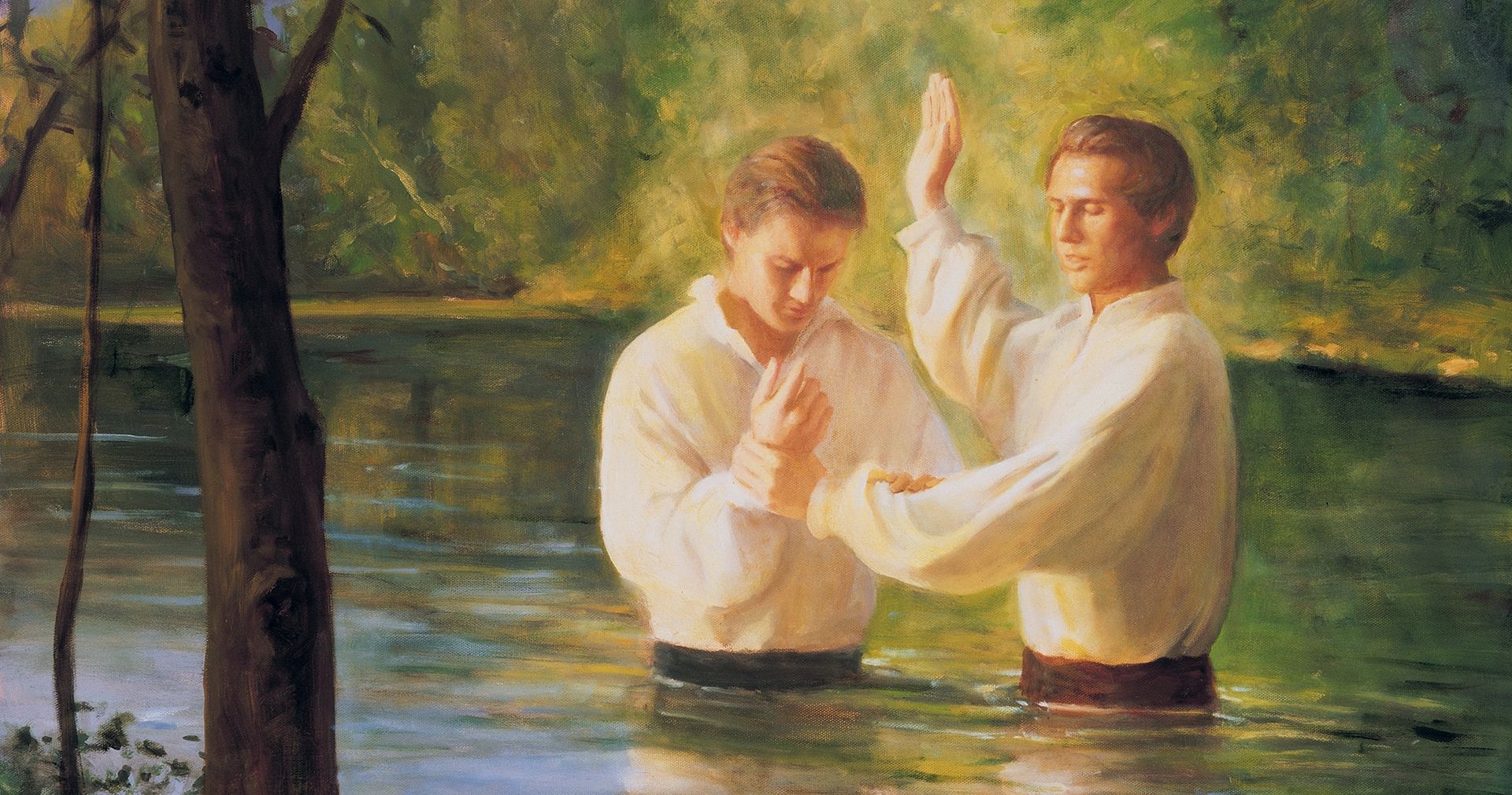 "Joseph Smith Baptizes Oliver Cowdery," by Del Parson.