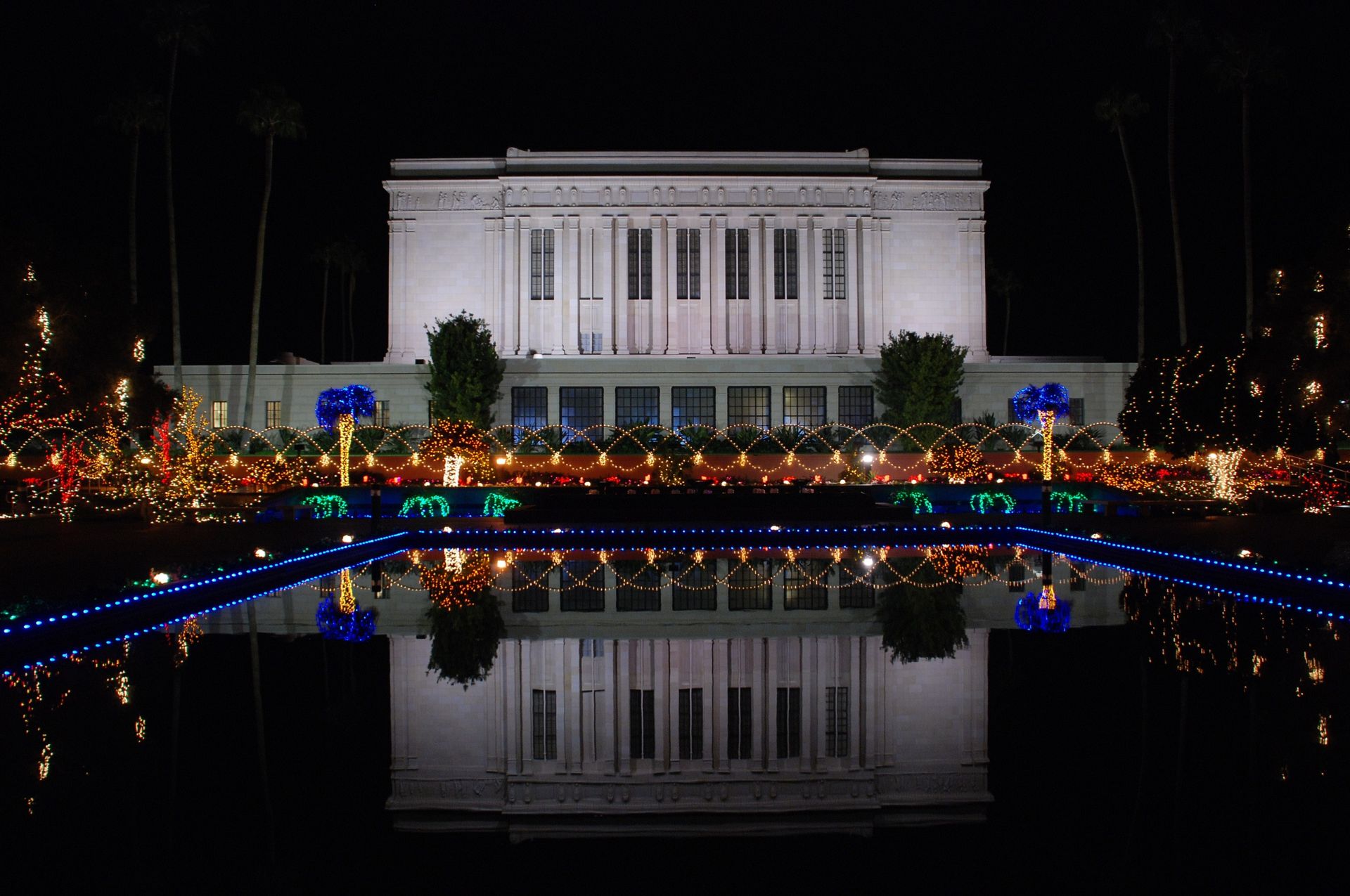 The Mesa Arizona Temple during Christmas, including scenery.  