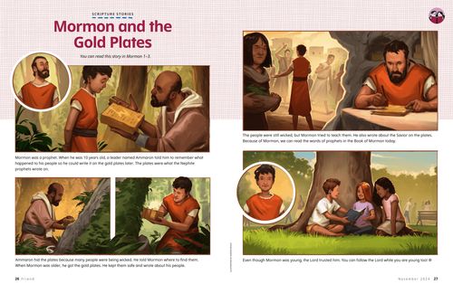 Story PDF with images of Mormon receiving the gold plates and writing on them