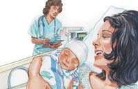 drawing of mother and newborn in hospital