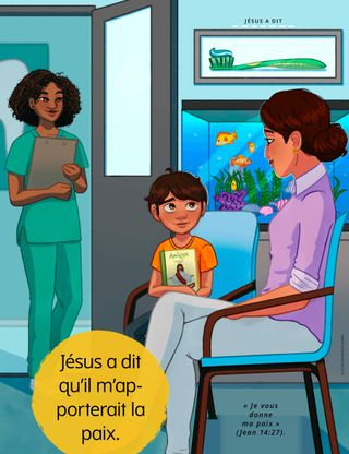 child holding photo of Jesus while waiting in doctor office