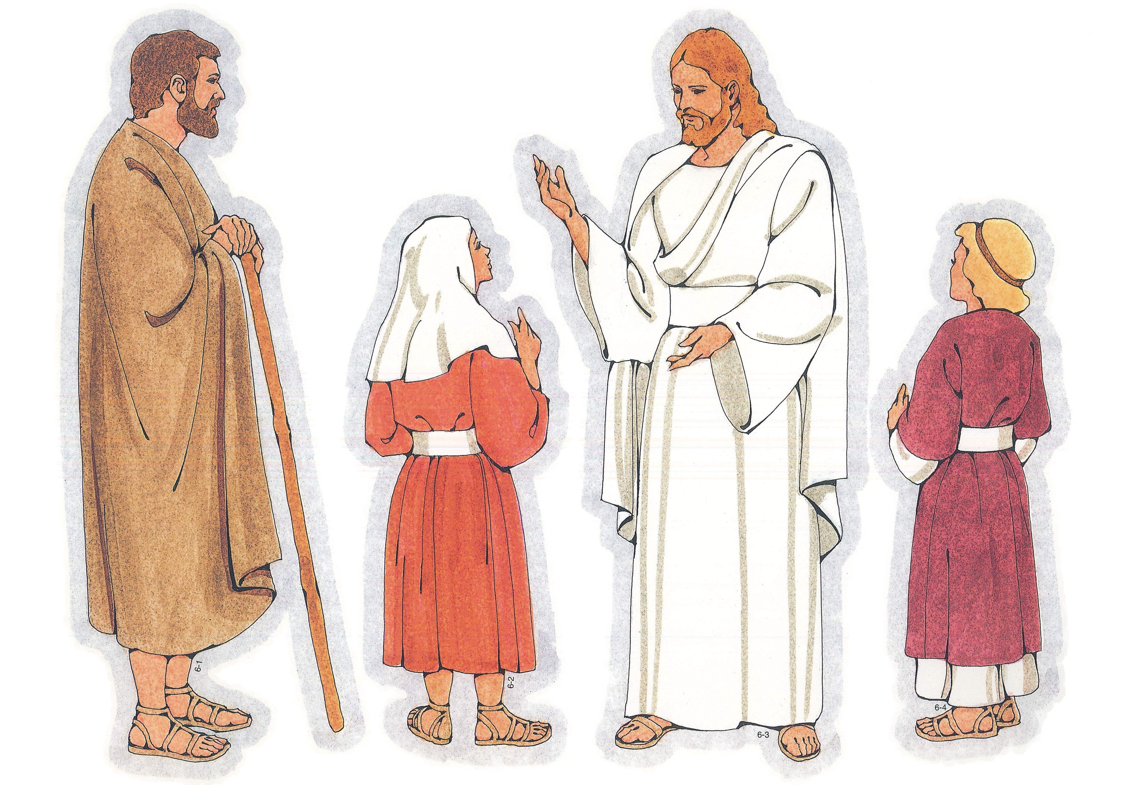 Primary Visual Aids: Cutouts 6-1, Biblical Man with Staff; 6-2, Biblical Girl; 6-3, Christ; 6-4, Biblical Girl.