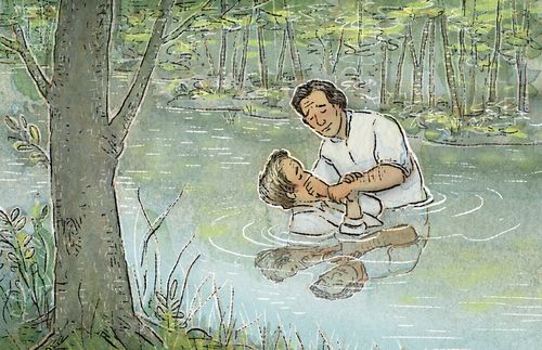 Oliver baptizing Joseph in river