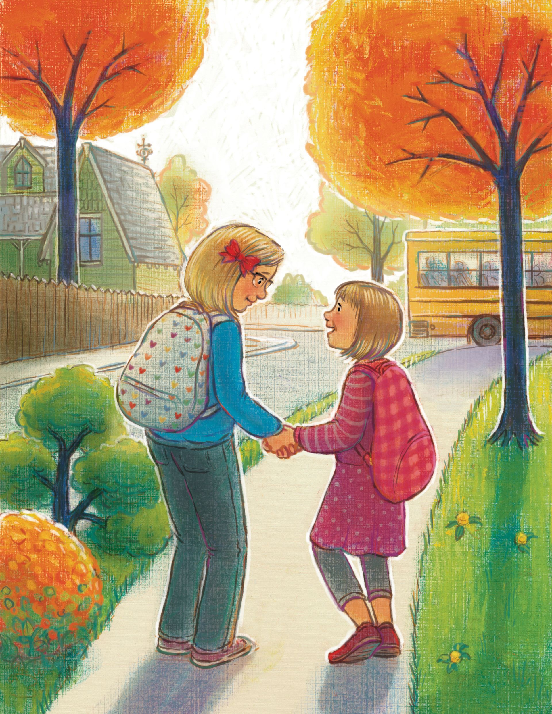 Two girls hold hands and walk to a school bus.