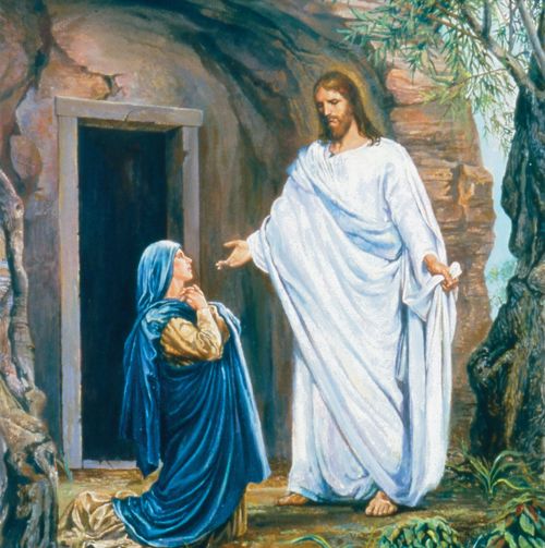 Mary Magdalene in a blue robe, kneeling on the ground outside of the empty tomb, looking up at the resurrected Christ.