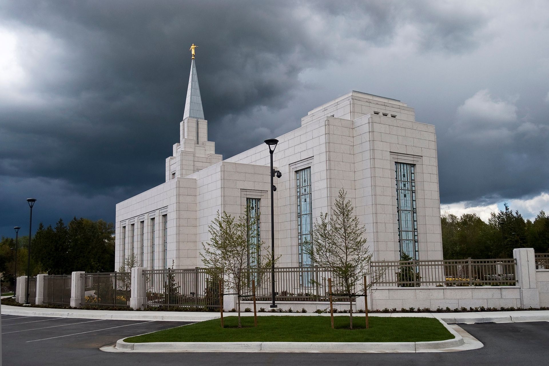The entire Vancouver British Columbia Temple during a storm, including the windows and scenery.