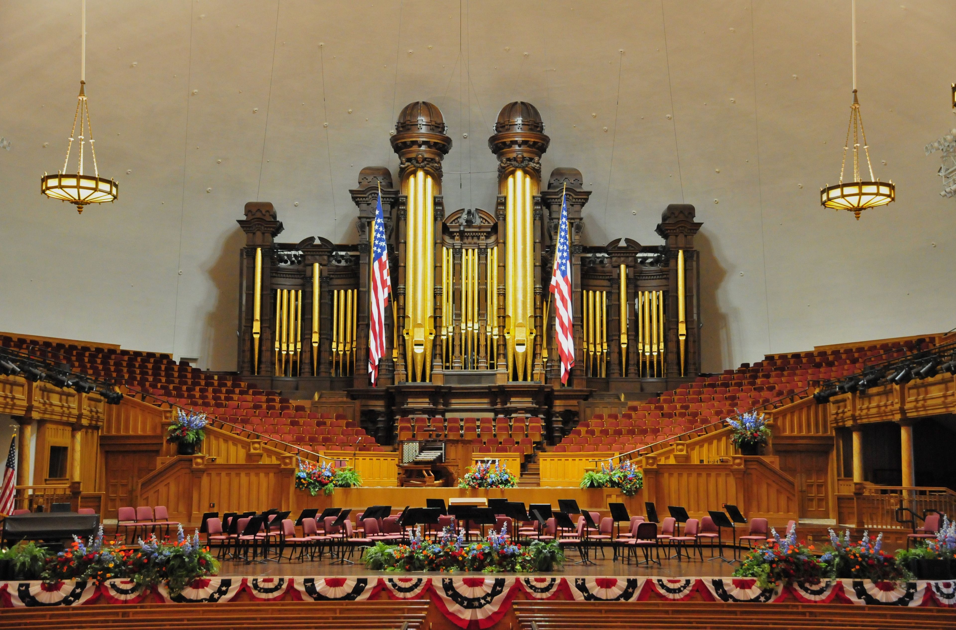 The interior of the Tabernacle on Temple Square decorated for the United States’ Independence Day.