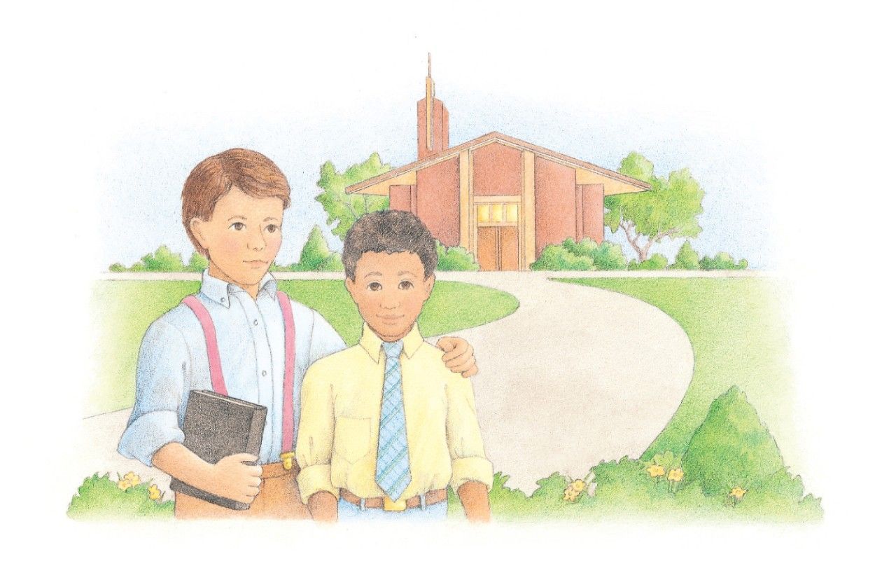 Two boys standing outside a Church meetinghouse. From the Children’s Songbook, page 170, “The Things I Do”; watercolor illustration by Beth Whittaker.