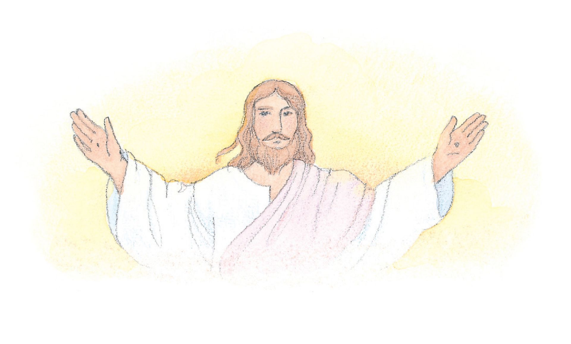Jesucristo con Sus brazos extendidos. De Children´s Songbook, página 76, “Este es mi Hijo Amado”(véase Liahona, diciembre de 1997, Sección para los niños, pág 4); ilustración a la acuarela por Phyllis Luch.