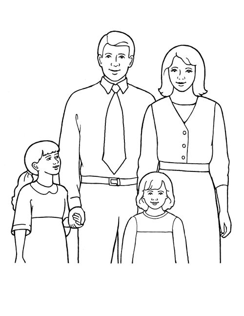A black-and-white illustration of a family of four with a mother, father, and two daughters, one of whom is holding her father's hand.
