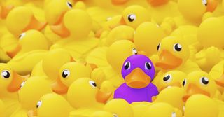 one purple rubber duck in a group of yellow rubber ducks