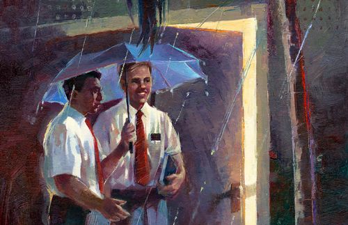 illustration of missionaries standing at a door in the rain