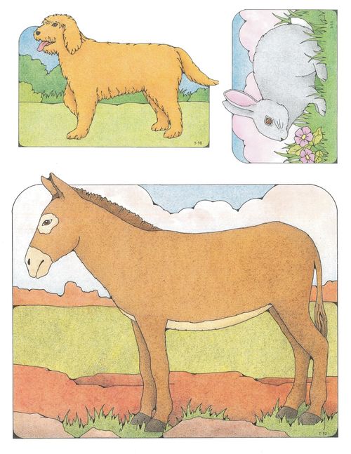 Primary cutouts of an orange dog with an open mouth, a gray rabbit with pink ears, and a light brown donkey, each standing outside.