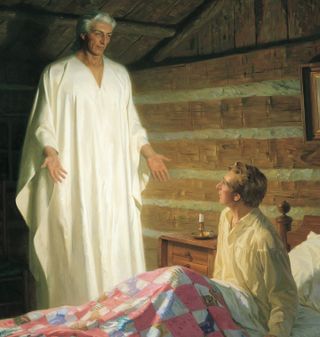 The Prophet Joseph Smith sitting on his bed in the Smith farm house. Joseph has a patchwork quilt over his knees. He is looking up at the angel Moroni who has appeared before him. Moroni is depicted wearing a white robe. The painting depicts the event wherein the angel Moroni appeared to the Prophet Joseph Smith three times in the Prophet's bedroom during the night of September 21, 1823 to inform him of the existence and location of the gold plates, and to instruct him as to his responsibility concerning the plates.