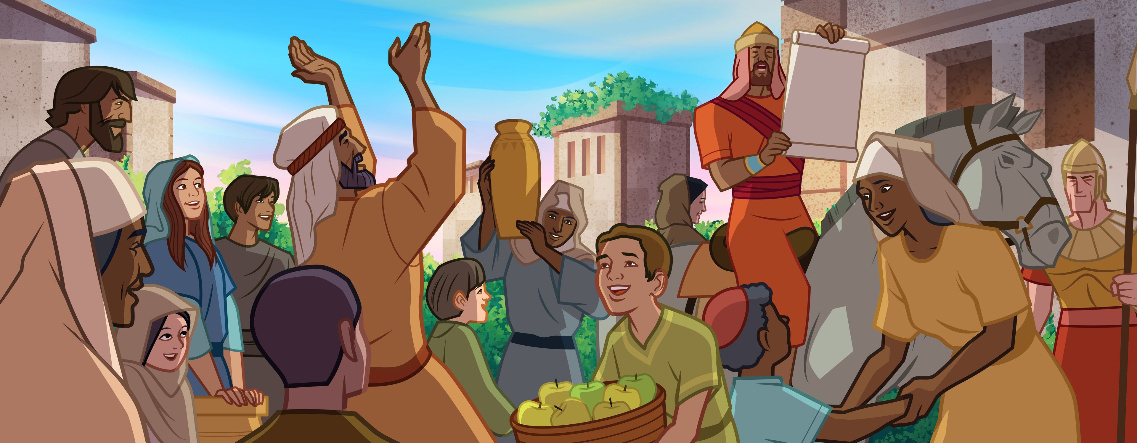 Ilustración de un soldado haciendo un anuncio a algunas personas. 
Ester 7:9–10; 8:10–11
