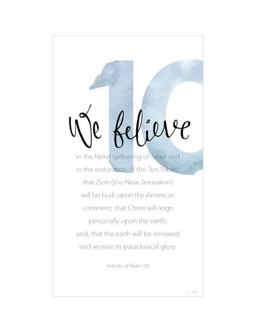 A white background with a large number 10 printed in blue, paired with the words of Articles of Faith 1:10.