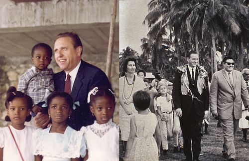 Thomas S. Monson with children in Haiti and visiting Tongan Mission