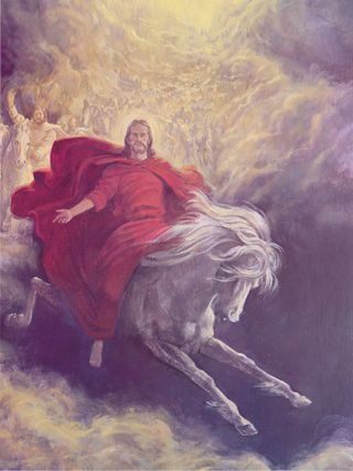 Jesus Christ riding a horse down from heaven at His Second Coming