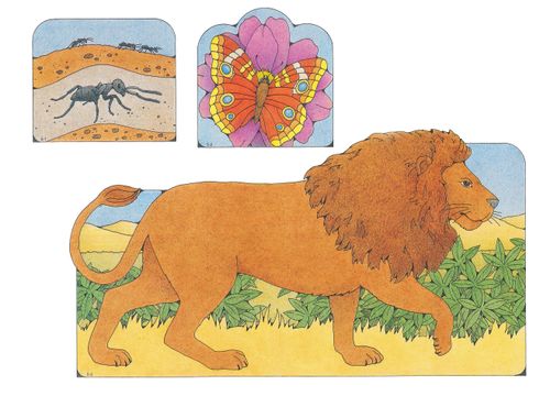 Primary cutouts of black ants in the dirt, an orange butterfly on a purple flower, and a lion walking.