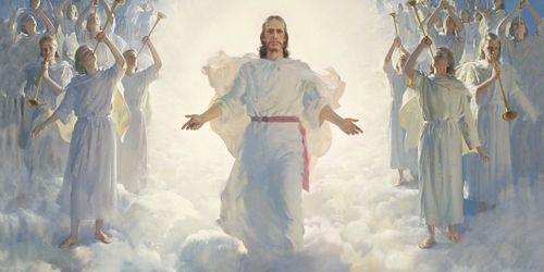 The resurected Christ standing above a large gathering of clouds. Christ has His arms partially extended.