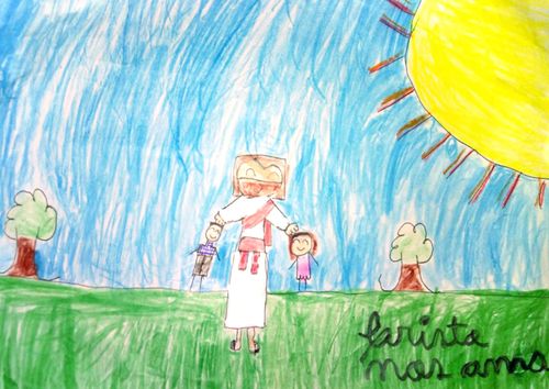 Child’s drawing of Jesus Christ outside with children