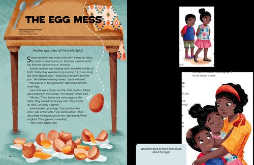 Story PDF with images of eggs broken on the ground, sad children, and a happy family