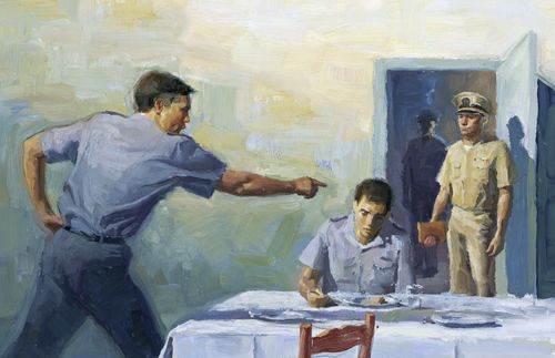 Illustration depicting men on board a Navy ship.  One of the men is pointing and yelling at a man sitting at a table.  Another officer is standing in the doorway.