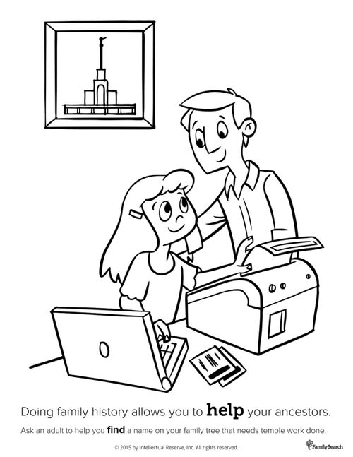 A black-and-white line drawing of a girl working on a computer and printer with her father standing beside her and a picture of a temple hanging on the wall.