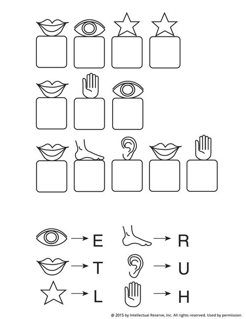An activity of matching each of the six letters with each symbol and writing the letters in the boxes underneath the symbols to reveal a hidden message.