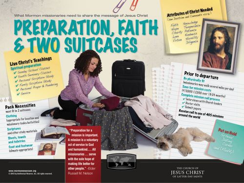 An infographic describing the purposes of and preparation for LDS missionaries that shows a sister missionary packing with her dog lying next to her suitcase.