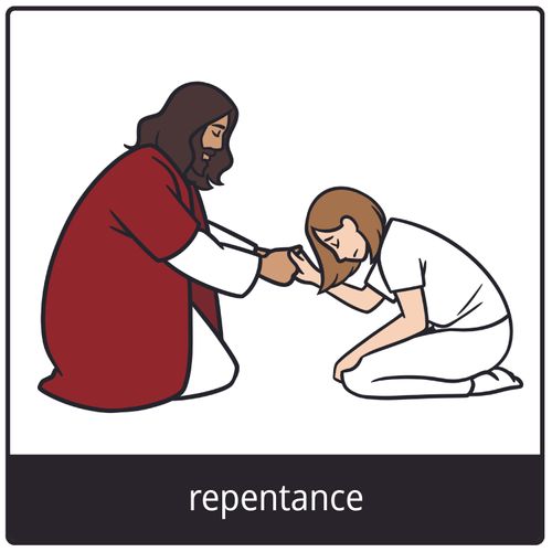 Gospel Language Symbol of repentance with Jesus Christ and kneeling woman