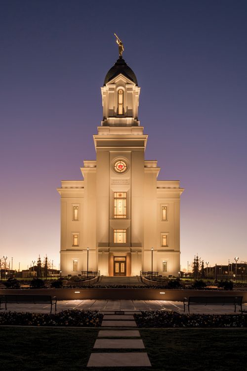 The exterior of the Cedar City Utah Temple in the late evening.