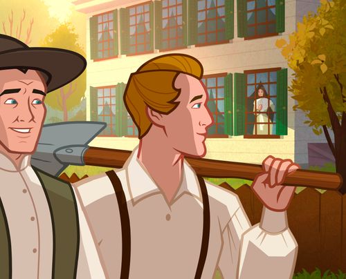 Joseph Smith and his father walking by Emma Hale’s home. Emma is looking out the window and noticing Joseph.