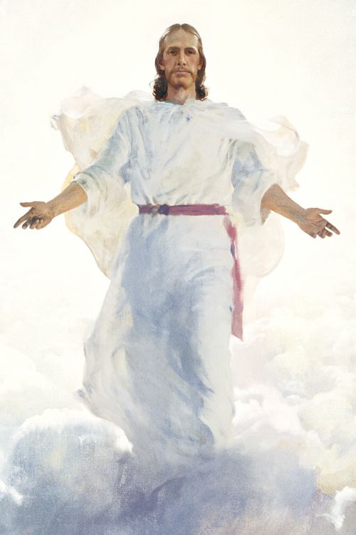 The resurrected Jesus Christ (wearing white robes with a magenta sash) standing above a large gathering of clouds. Christ has His arms partially extended. The wounds in the hands of Christ are visible.