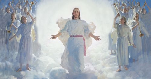 The resurrected Jesus Christ (wearing white robes with a magenta sash) standing above a large gathering of clouds. Christ has His arms partially extended. The wounds in the hands of Christ are visible. Numerous angels (each blowing a trumpet) are gathered on both sides of Christ. A desert landscape is visible below the clouds. The painting depicts the Second coming of Christ. (Acts 1:11)