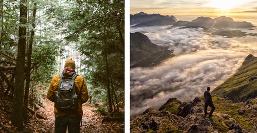 hiker in woods; hiker looking at vista