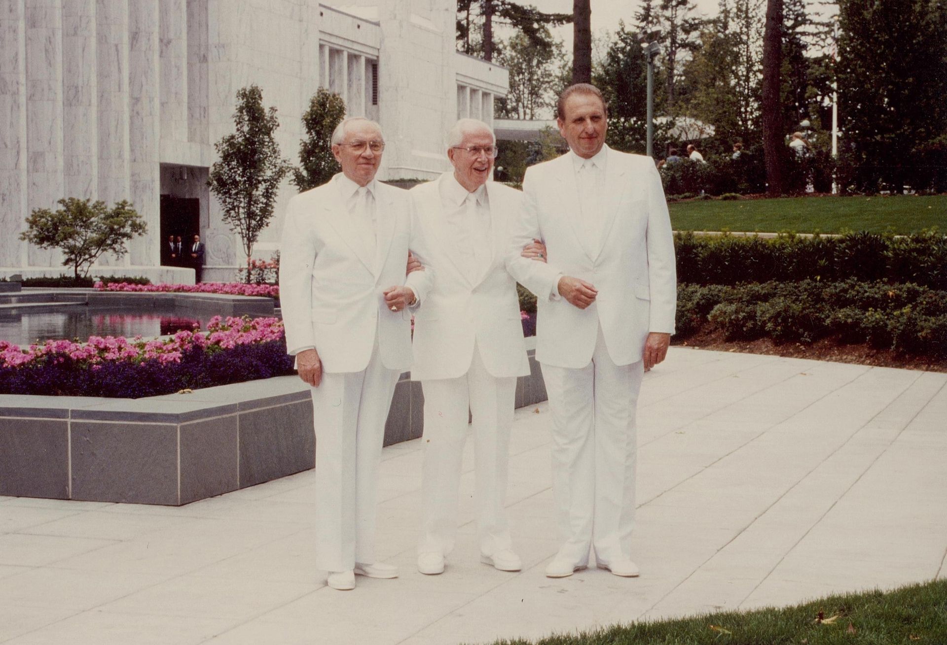 President Benson standing with his counselors at the Portland Oregon Temple dedication.