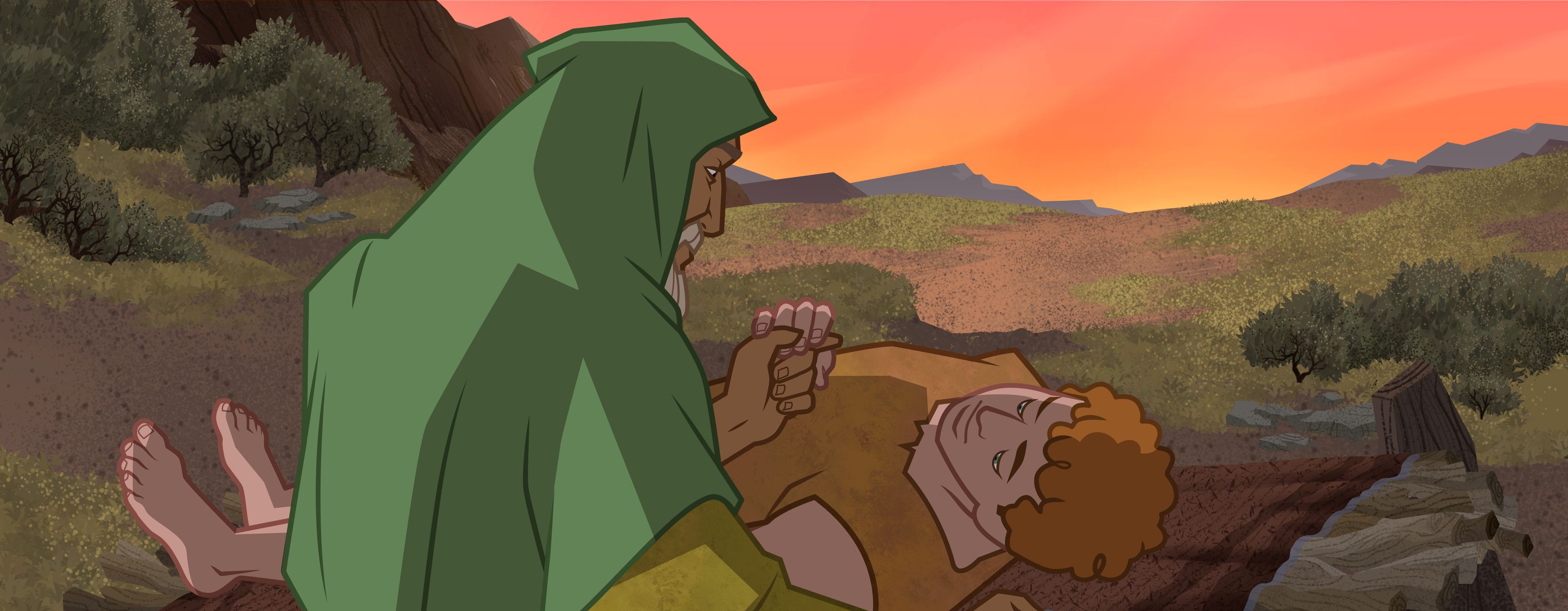 Illustration of Abraham preparing to sacrifice Isaac. Genesis 22:9