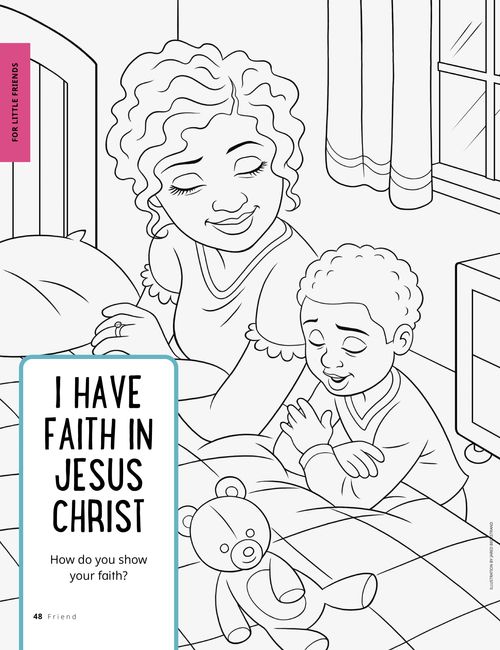 Coloring page PDF with an image of a boy and his mother praying by his bed