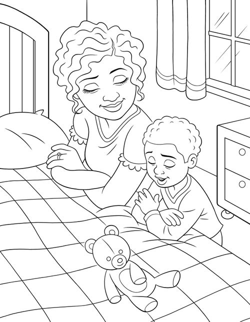 Coloring page of a woman and a young boy kneeling in prayer at the boy’s bed