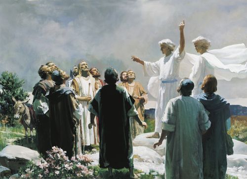 The eleven apostles of Jesus Christ (all except Judas Iscariot) gathered together in Galilee. Two angels (dressed in white) are standing with the apostles and pointing to the heavens. The apostles are looking upward. The painting depicts the ascension of the resurrected Jesus Christ into the heavens. Christ is not depicted in the picture. (Mark 16:19-20) (Luke 24:50-53) (Acts 1:9-11)