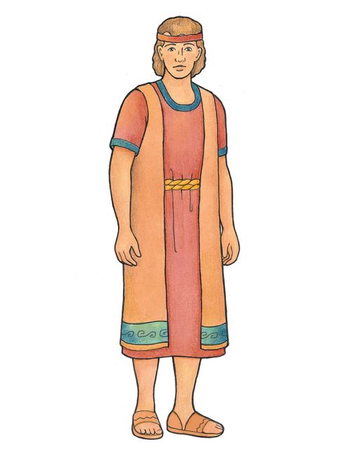 An illustration of a character from the Book of Mormon dressed in a red tunic, an orange robe, and sandals.